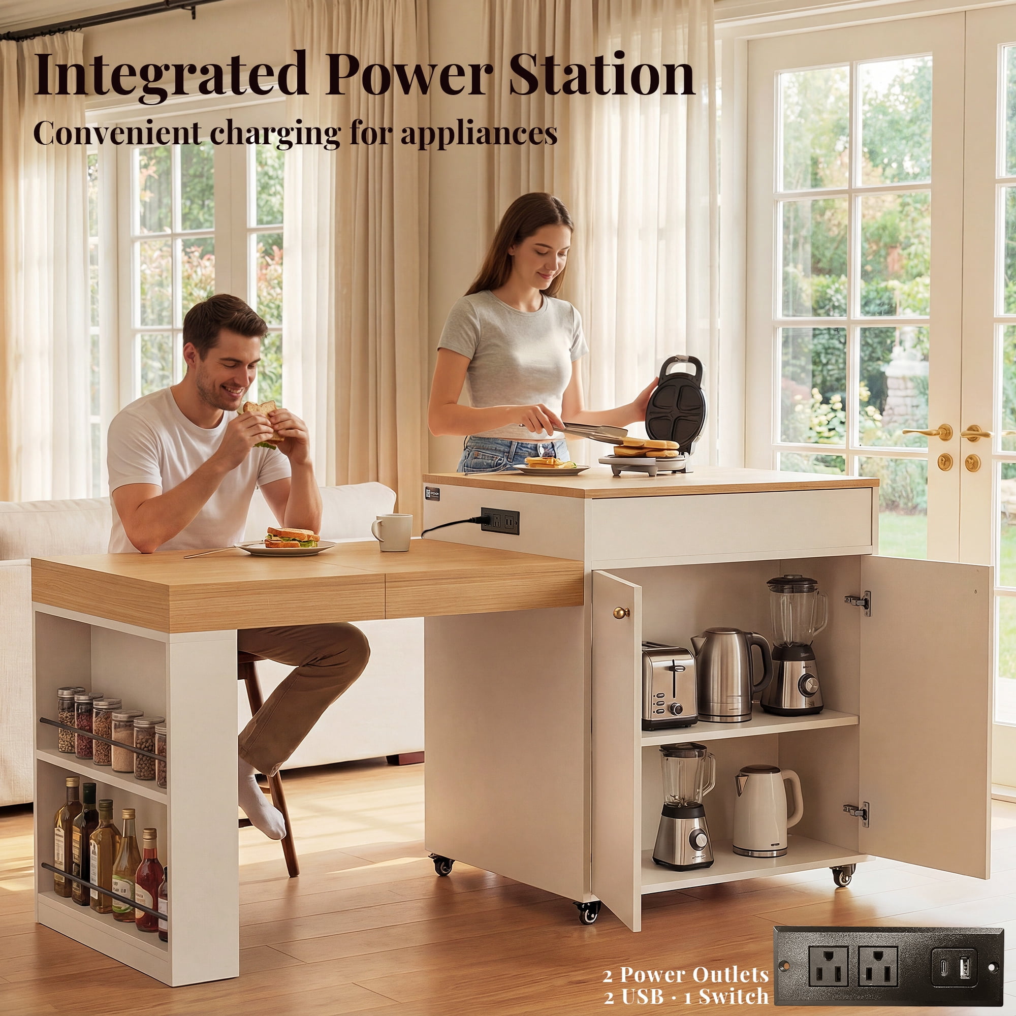 OMCHOM 80.7" Large Kitchen Island with Seating and Extendable Dining Table,Rolling Mobile Center Islands with Storage,Charging Station,2 Drawers 2 Side Open Shelves,White