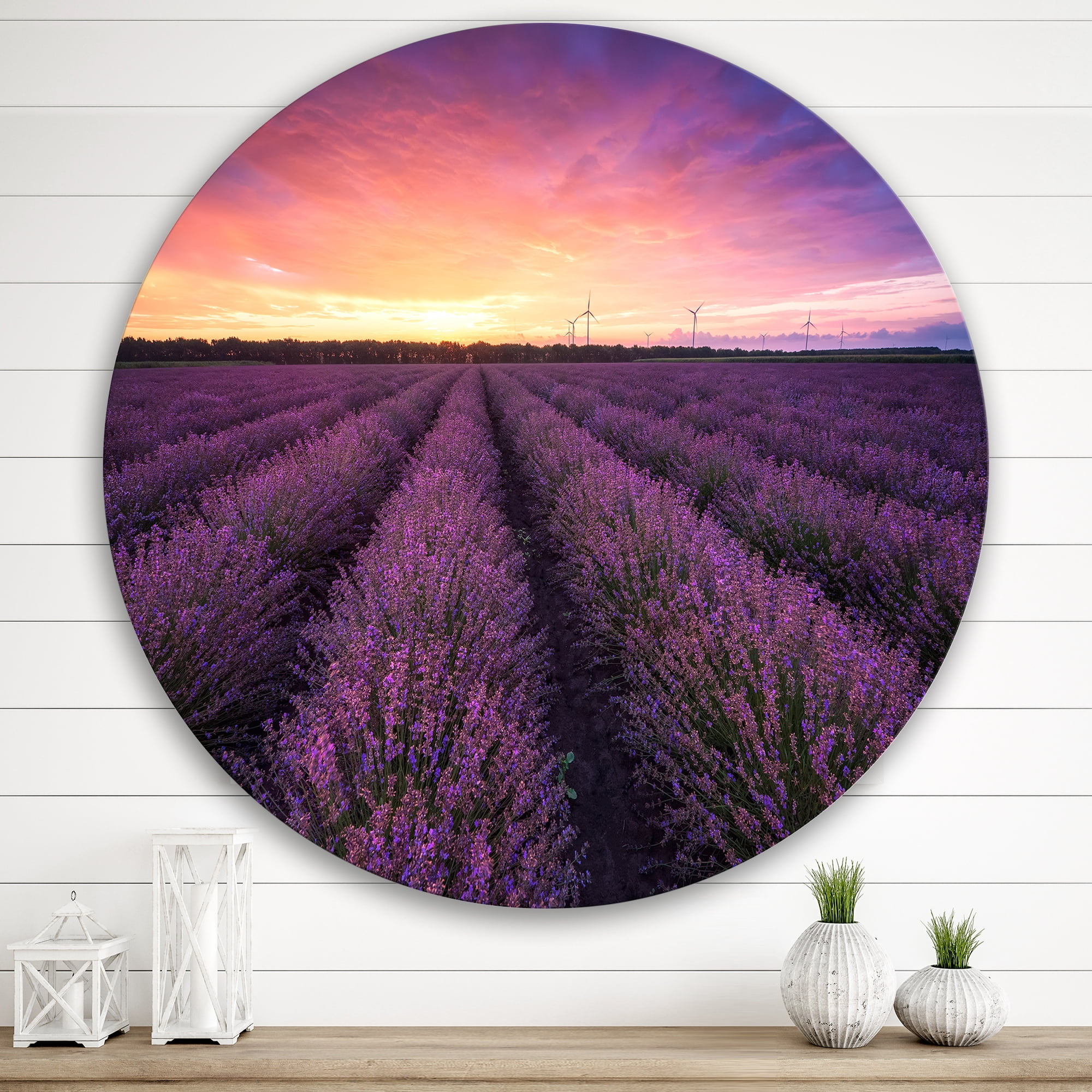 Designart 'Dramatic Clouds and Sunrise Over Lavender Field XIII' Farmhouse Circle Metal Wall Art 29x29 - Disc of 29