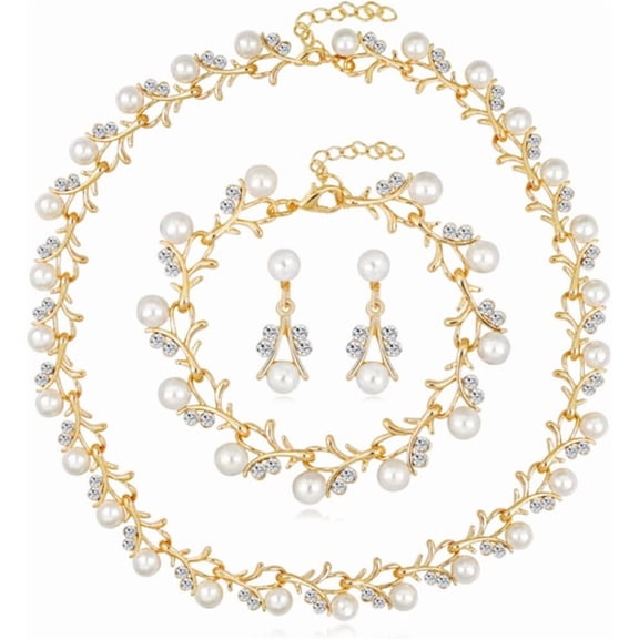Pearl Bride Wedding Jewelry Set Crystal Bridal Necklace Bracelet Earrings Sets Rhinestone Choker Necklace Prom Costume Jewelry Set for Women and Brides