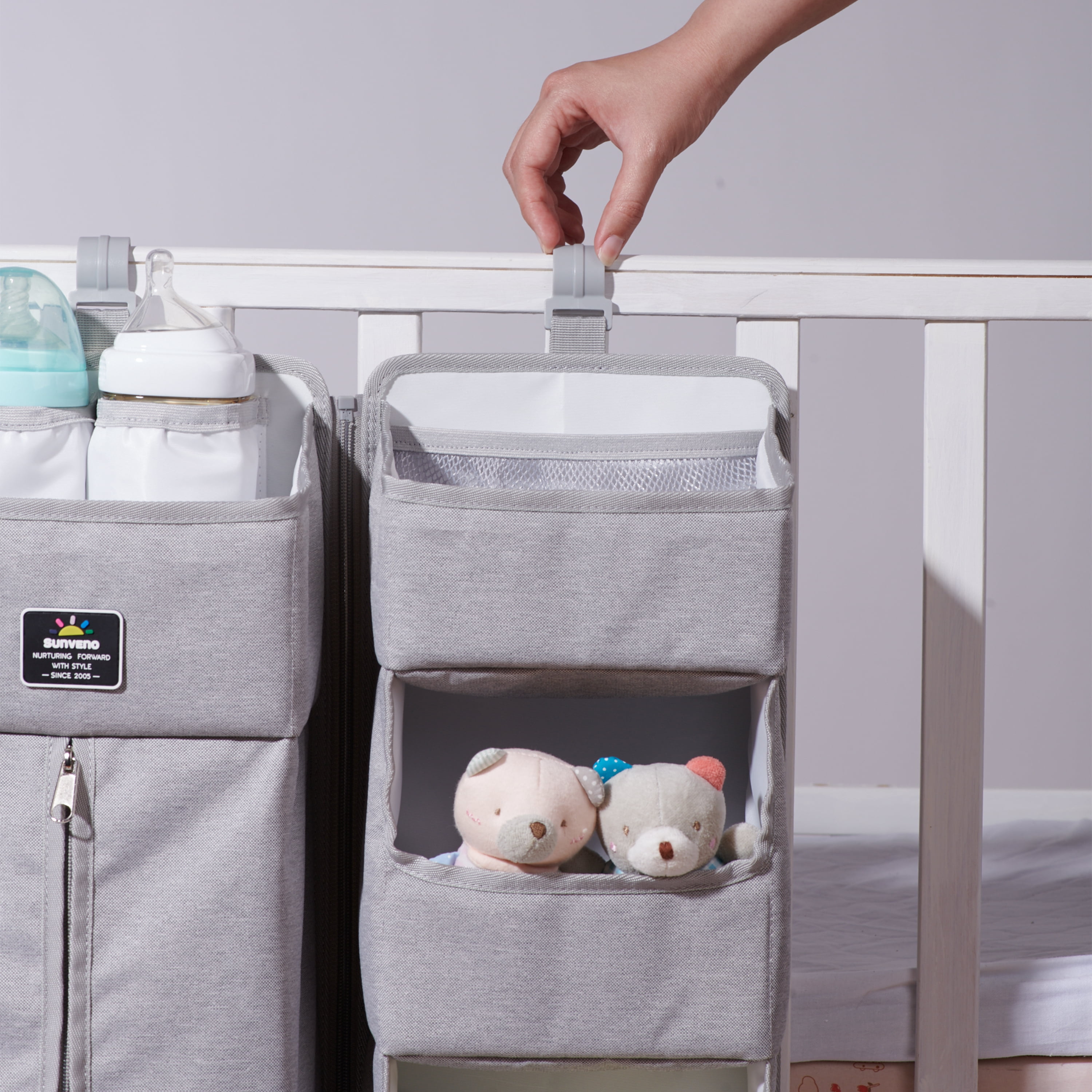 Sunveno 3-in-1 Crib Nursing Organizer Set for Baby Essentials Storage, Gray