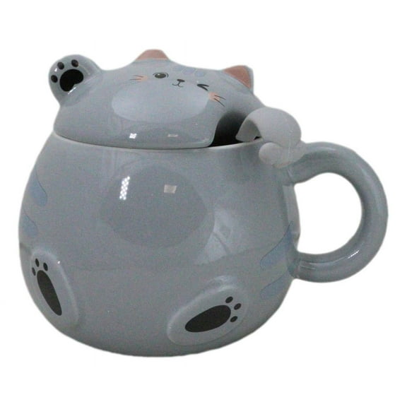 Whimsical Grey Chubby Feline Kitty Cat Cup Mug With Lid And Stirring Spoon