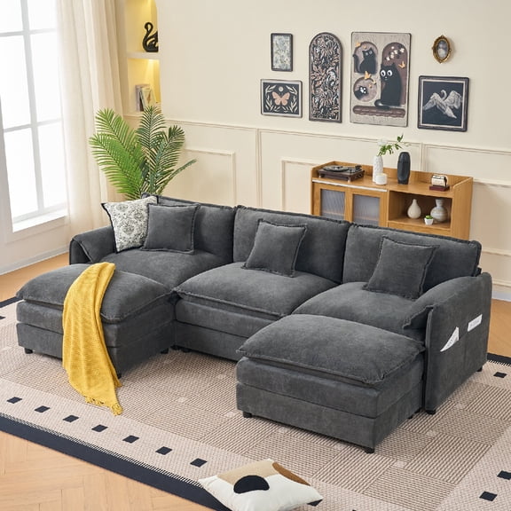 109.45" Modular Sectional Sofa, Oversized Deep Seat U Shaped Couch Set, 3-Seater Chenille Comfy Cloud Couches with 2 Movable Ottomans for Living Room, Apartment, DIY Combination, Easy Assembly, Grey