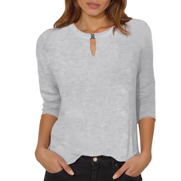 Camiseta con cuello volado para mujer: manga tres cuartos, color liso, prenda informal para interior/exterior, tallas S/XXL.