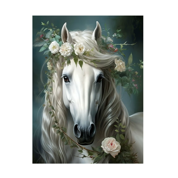 Canvas Wall Art - Momart 'White Horse Crowned By Flowers' Wall Art for Living Room, Bedroom, or Office Décor by Trademark Fine Art - 18 x 24 Inches