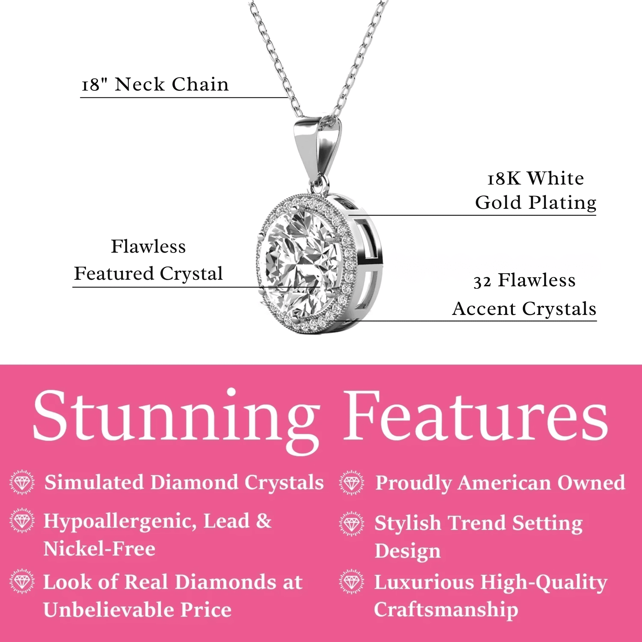 Cate & Chloe Sophia 18k White Gold Plated Halo Necklace with Simulated Diamond Crystals for Women
