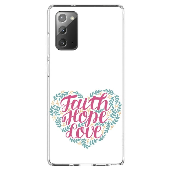 DistinctInk Clear Shockproof Hybrid Case for Samsung Galaxy Note 20 (6.7" Screen) - TPU Bumper, Acrylic Back, Tempered Glass Screen Protector - Faith / Hope / Love - Floral