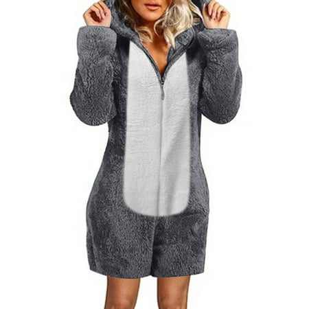 

ERTUTUYI Women Long Sleeve Hooded Jumpsuit Pajamas Casual Winter Warm Rompe Sleepwear Gray 5XL
