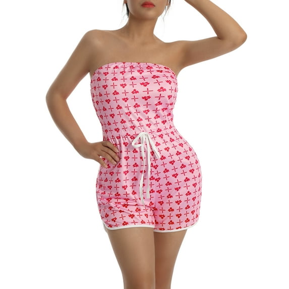 Seyurigaoka Women Summer Valentine's Playsuit, Full Print Strapless Off-Shoulder Sleeveless Slim-Waist Jumpsuit