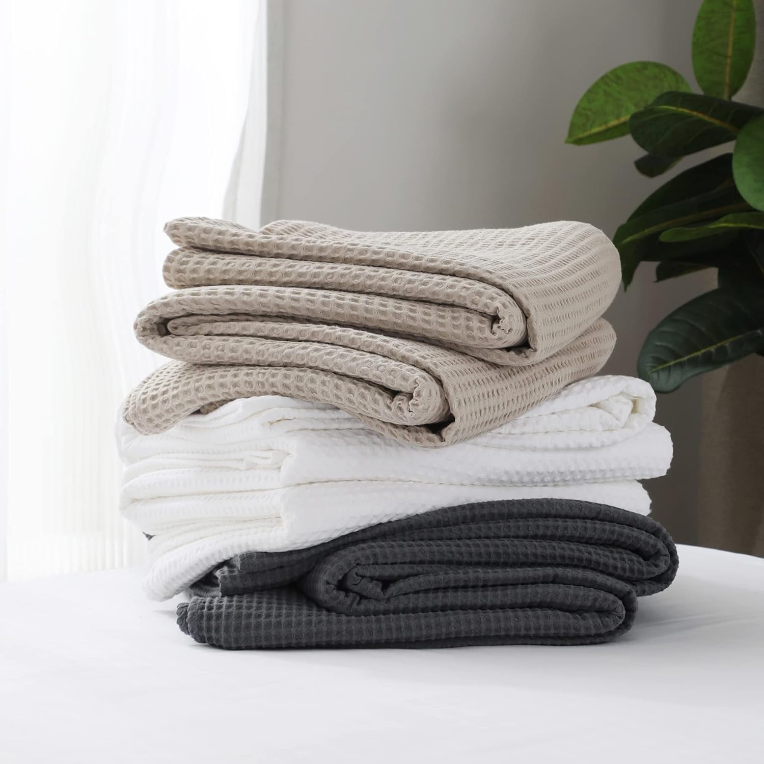 Shunjie.Home 100% Cotton Waffle Bed Blanket Twin Size, Throw Blanket for Couch All Seasons (Grey, 66x90)