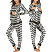 Maternity & Nursing Thermal Underwear Set Striped Knit Long Johns Set Top & Bottom Base Layer for Pregnant Women