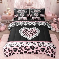 jejeloiu Leopard Print 7-Piece Twin Bedding Sets,Romantic Valentine Day Bedding Comforter Set,Pink Black Sheet Sets For Girls Teens,Ultra Soft Home Decor Reversible