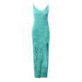 thumbnail image 3 of Sequin Cocktail Dress for Women Wedding Guest High Split Spaghetti Strap Slimming Dress V Neck Maxi Prom Party Ball Gown Light Blue L, 3 of 5