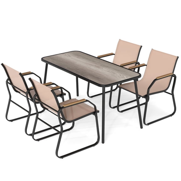 Furnibear 5 Pieces Patio Dining Set with 55 Inch Rectangular DPC Wood Grain Table 4 Breathable Fabric Sling Chairs and Reinforced Metal Frame for Backyard Garden Deck, Brown