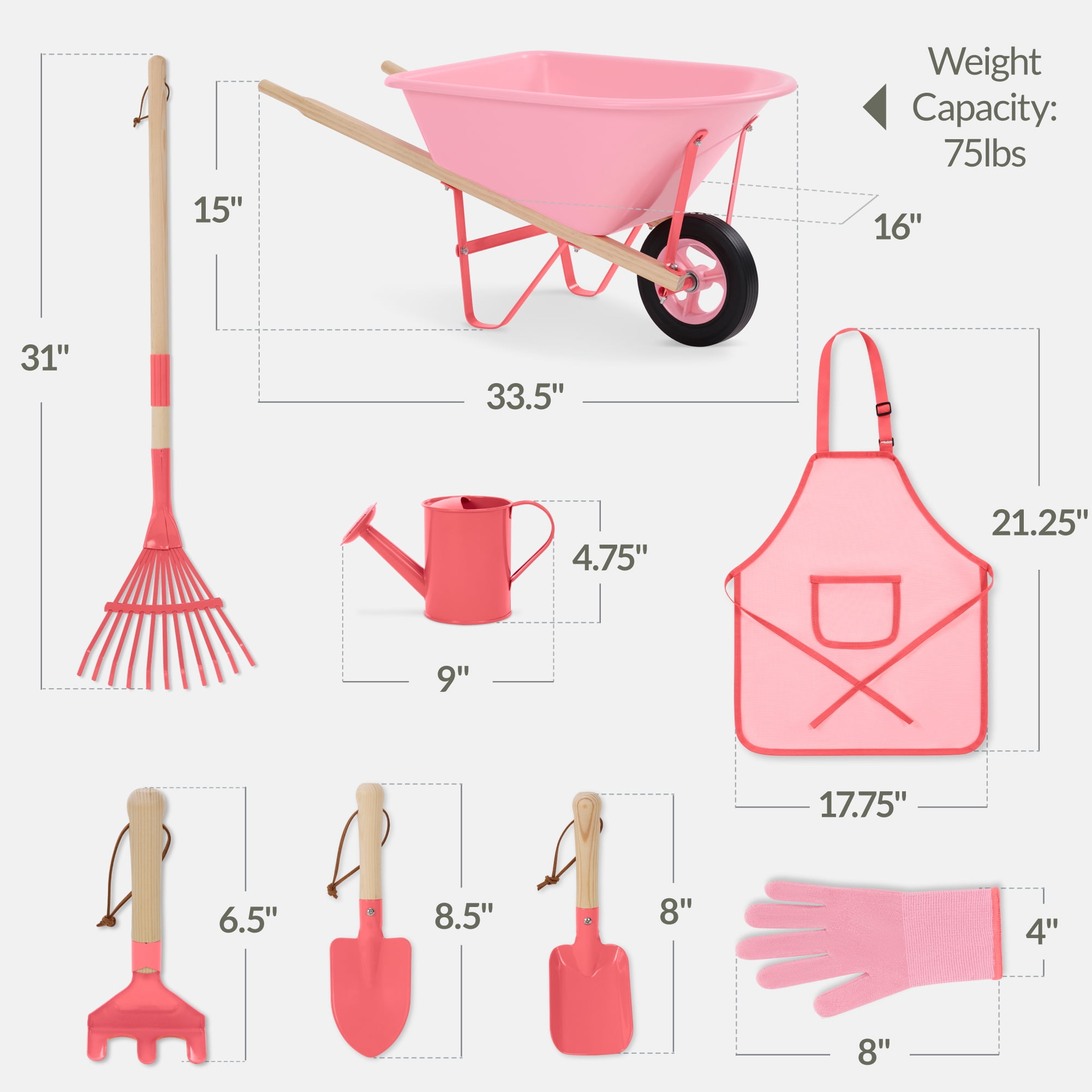 Best Choice Products Kids Wheelbarrow Gardening Tool Set 8 Piece with Metal Tools, Apron, Gloves Ages 3+ - Pink/Pink