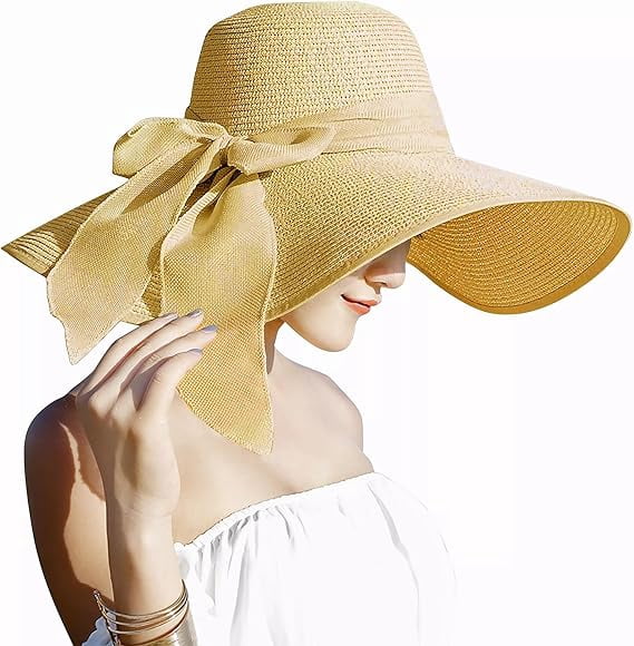 Women\'s Big Bowknot Straw Hat Large Floppy Foldable Roll up Cap, Rose, 5.5\