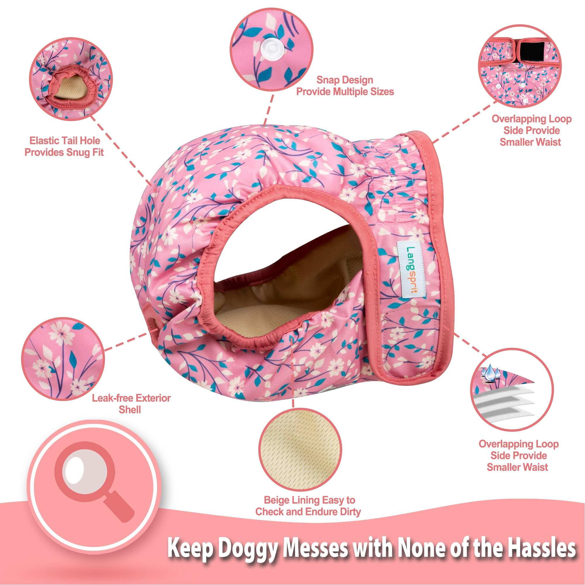 PTSPLLMY Langsprit Washable Female Dog Diapers (3 Pack) - No Leak Reusable Diapers for Doggy Female in Period - Highly Absorbent Dog Heat Panties with Adjustable Snaps