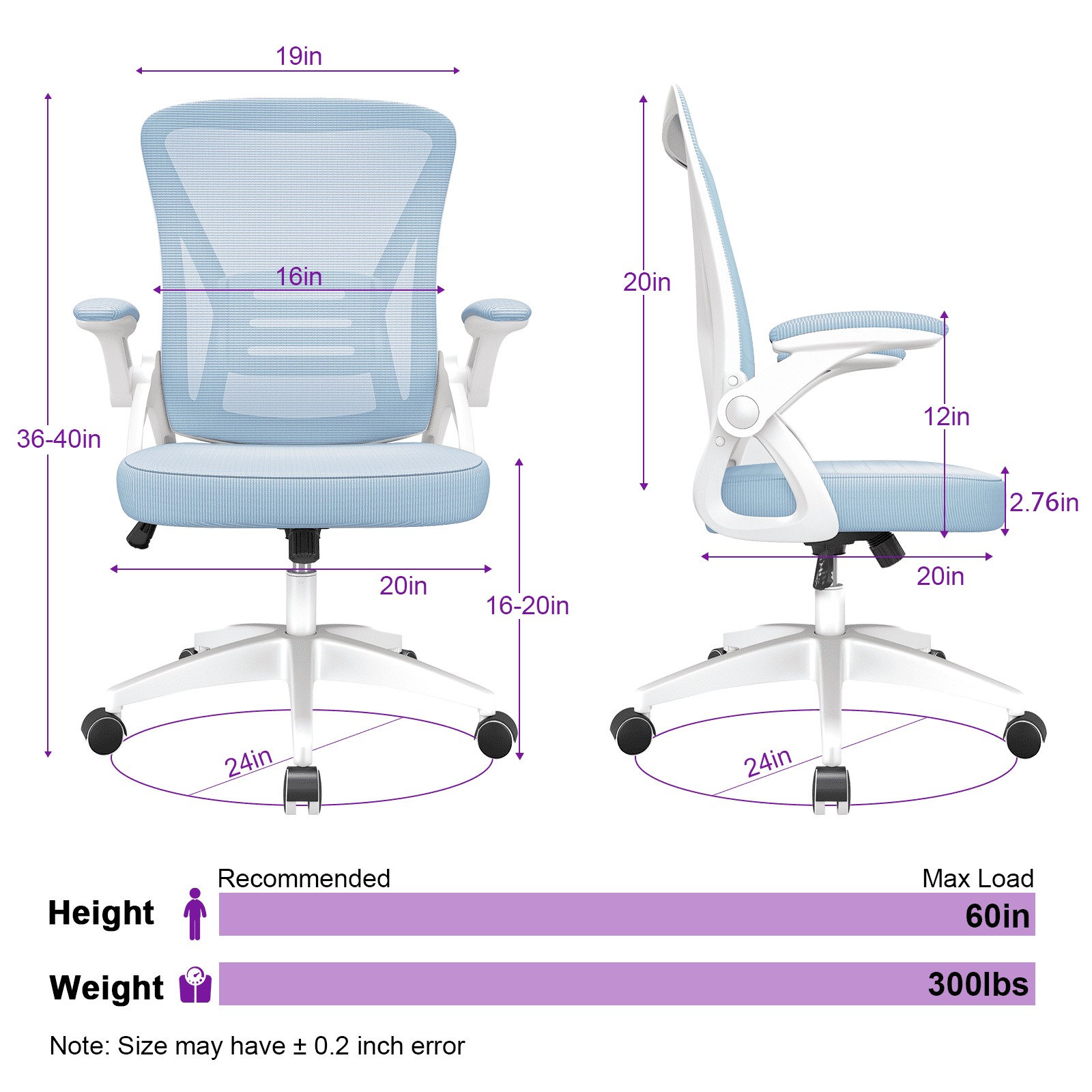 Biggzia Ergonomic Office Chair, Mid-Back Computer Chair with Adjustable Height, Flip-Up Arms and Lumbar Support, Mesh Desk Chair, Blue