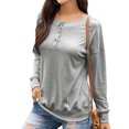 thumbnail image 2 of Jersey de mujer con botones, cuello redondo, manga larga, ajuste holgado, sudadera de color puro para la cita diaria de trabajo, gris XL, 2 of 6
