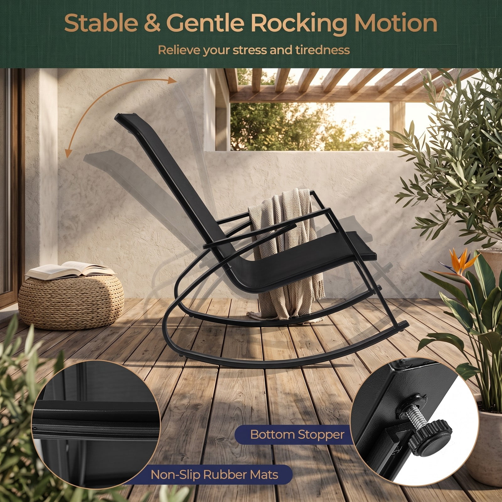 Furnibear Patio Rocking Chairs Set of 2 with Ergonomic Sling Backrest and Circular Metal Frame for Balcony and Poolside, Black