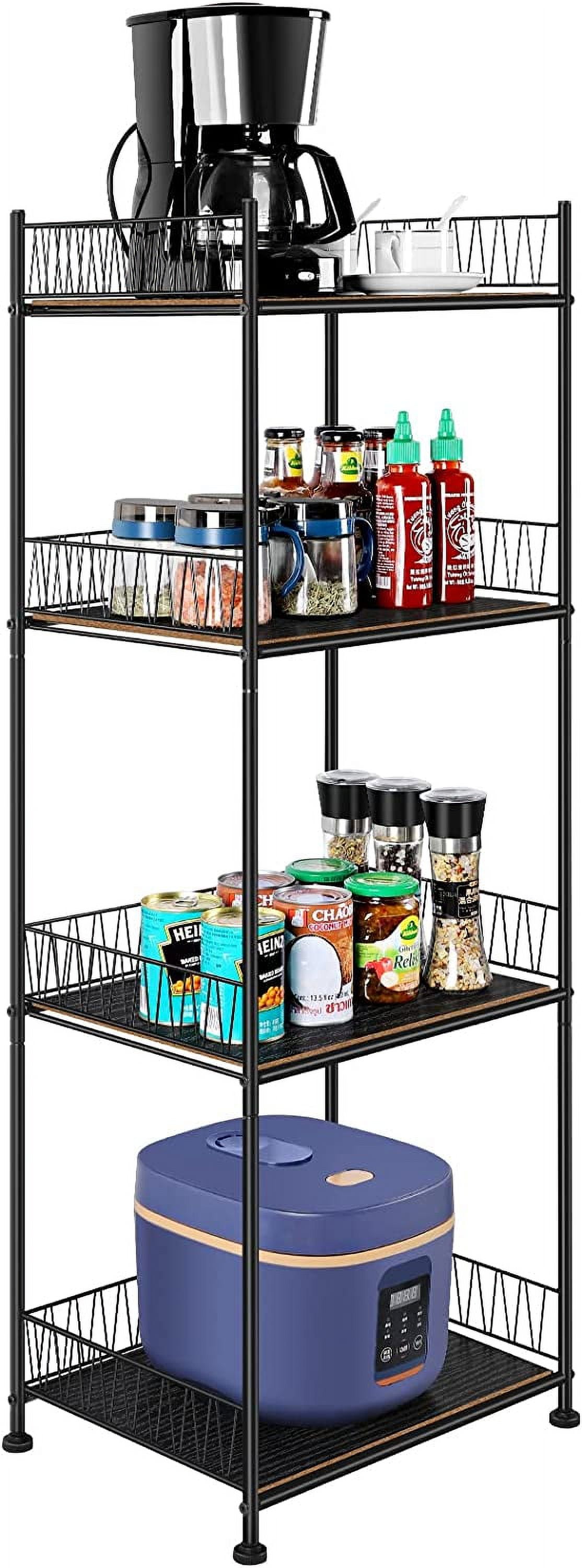 4 Tier Bathroom Storage Rack Metal Shelving Unit Organizer with Wood Shelves, Black