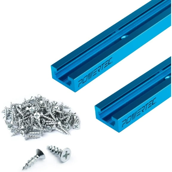 POWERTEC 2PK 24 Inch Universal T track with 100 PCS Wood Screws, Double-Cut Profile T track with Predrilled Mounting Holes (71859)