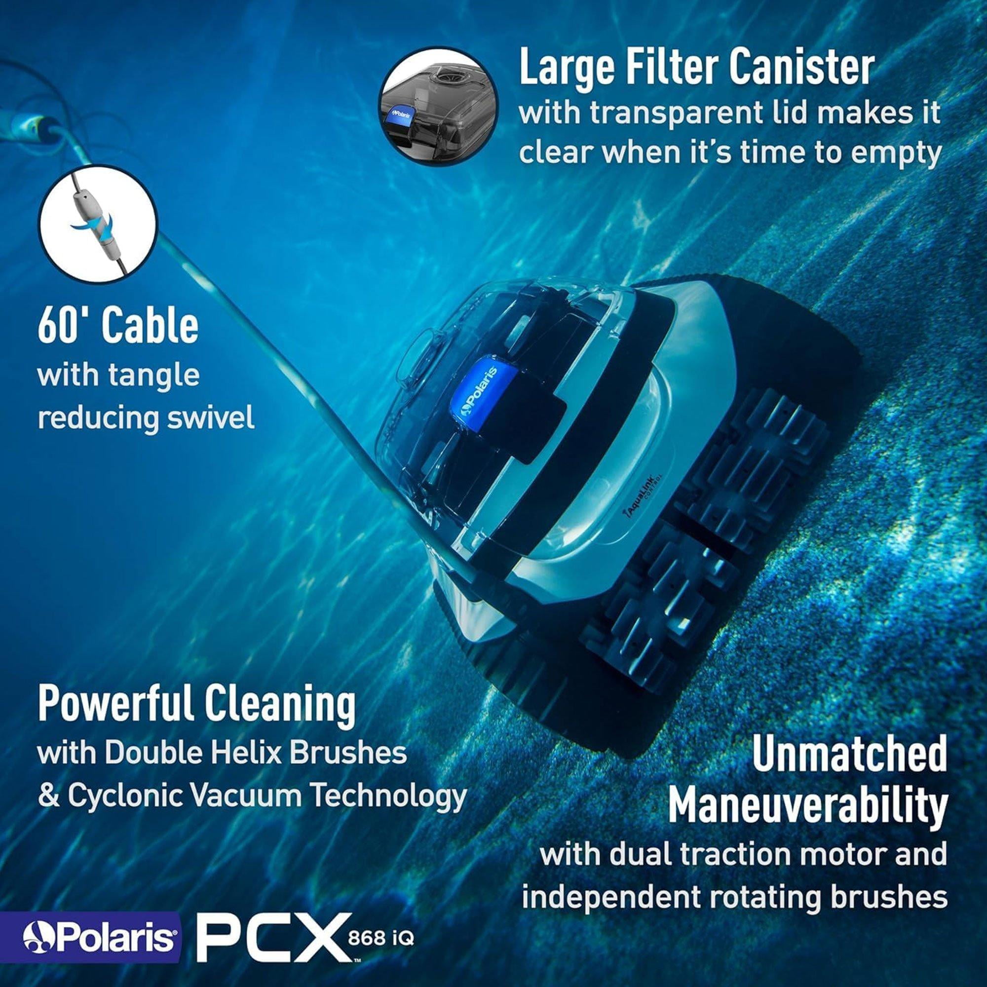 The Polaris PCX 868 iQ Robotic Pool Cleaner With iAquaLink app control and Caddy FPCX868IQ