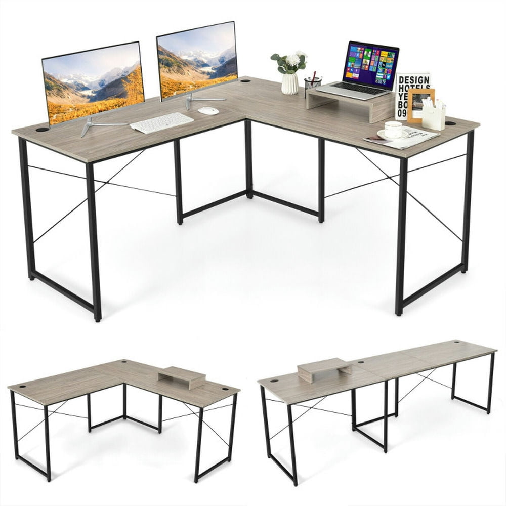 GVN 95 Inch 2-Person L-Shaped Long Reversible Computer Desk with Monitor Stand-Gray, Desk for Bedroom, Gaming Computer Desks for Study,Working,Writing GVN 95 Inch 2-Person L-Shaped Long Reversible Computer Desk with Monitor Stand-Gray, Desk for Bedroom, Gaming Computer Desks for Study,Working,Writing