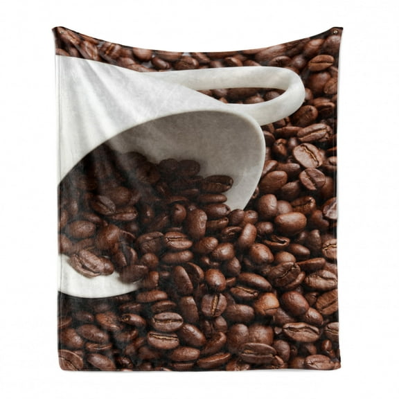 Coffee Soft Flannel Fleece Throw Blanket, Close Up Real Image of Beans Pouring from a Cup Aromatic Roasted, Cozy Plush for Indoor and Outdoor Use, 50" x 60", White Brown and Cinnamon, by Ambesonne