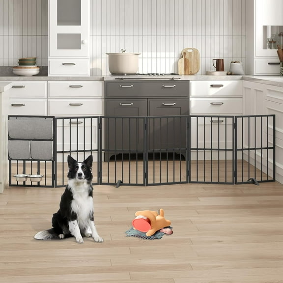 Dog Gate Indoor with Dog Bowls, 94.5" Extra Wide Folding Fence for Doorways, Stairs & Home, 6 Panel Freestanding Pet Gate with Support Feet, Pet Puppy Safety Fence, Black DGHB26601