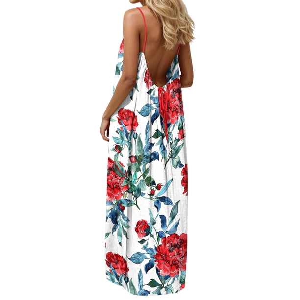 TaTaai Women's Printed Sleeveless Dress Casual Backless Spaghetti Strap Loose Fit Long Maxi Dress Solid Color Soft Comfortable for Summer Daily Home Wear Gift