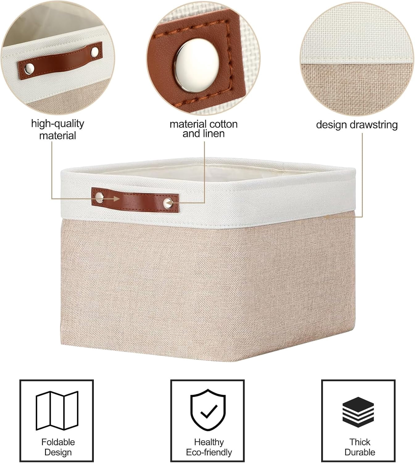 10 Pcs Collapsible Storage Bins Fabric Foldable Storage Basket with Handles Cloth Organizer Linen Shelf Baskets for Shelves Home Closet Nursery Toys(16 x 12 x 10 Inch,Beige and White)