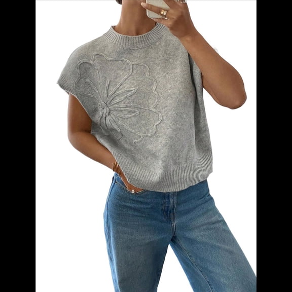 Women'S Ribbed Sweater Crew Neck Short Sleeve Loose Fit Floral Knit Pullover Tops Silver XL