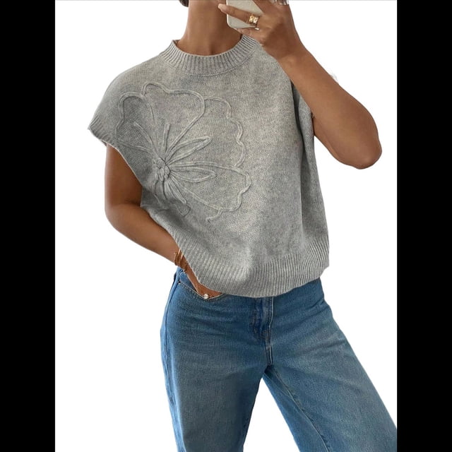Suéter Acanalado para Mujer, Cuello Redondo, Corta, Corte Holgado, Tejido Floral, Tops Tipo Jersey. Plata M