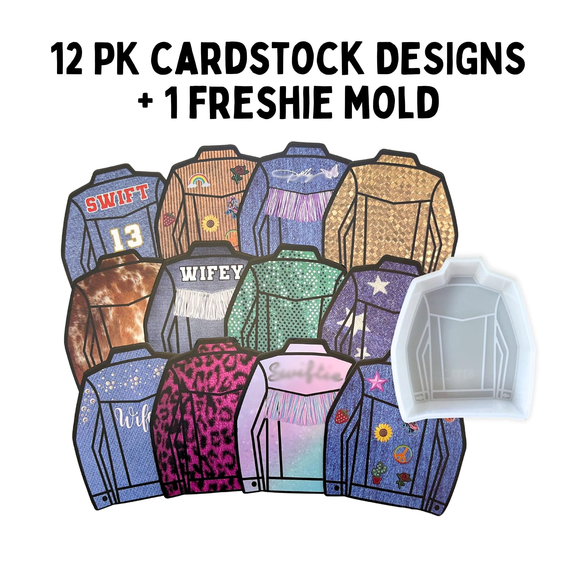 Jean Denim Jacket Car Freshie Cardstock Cutouts 3.2 x 3.8 inch  12 pk MIXED Designs Trendy Cute for Scented Aroma Bead Bake Oven Safe Fits Country Fringe Silicone Mold Cardstock + Silicone Mold