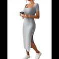 thumbnail image 3 of Vestido de Verano 2025 para Mujer, Ajustado, de Corta, Acanalado, con Abertura Lateral, de Punto y Cuello Cuadrado Gris S, 3 of 9