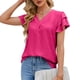 thumbnail image 1 of Blusa plisada de manga corta con volantes y cuello en V para mujer, camisa de manga corta a la moda suave y agradable para la piel, Top rosa rojo XL, 1 of 6
