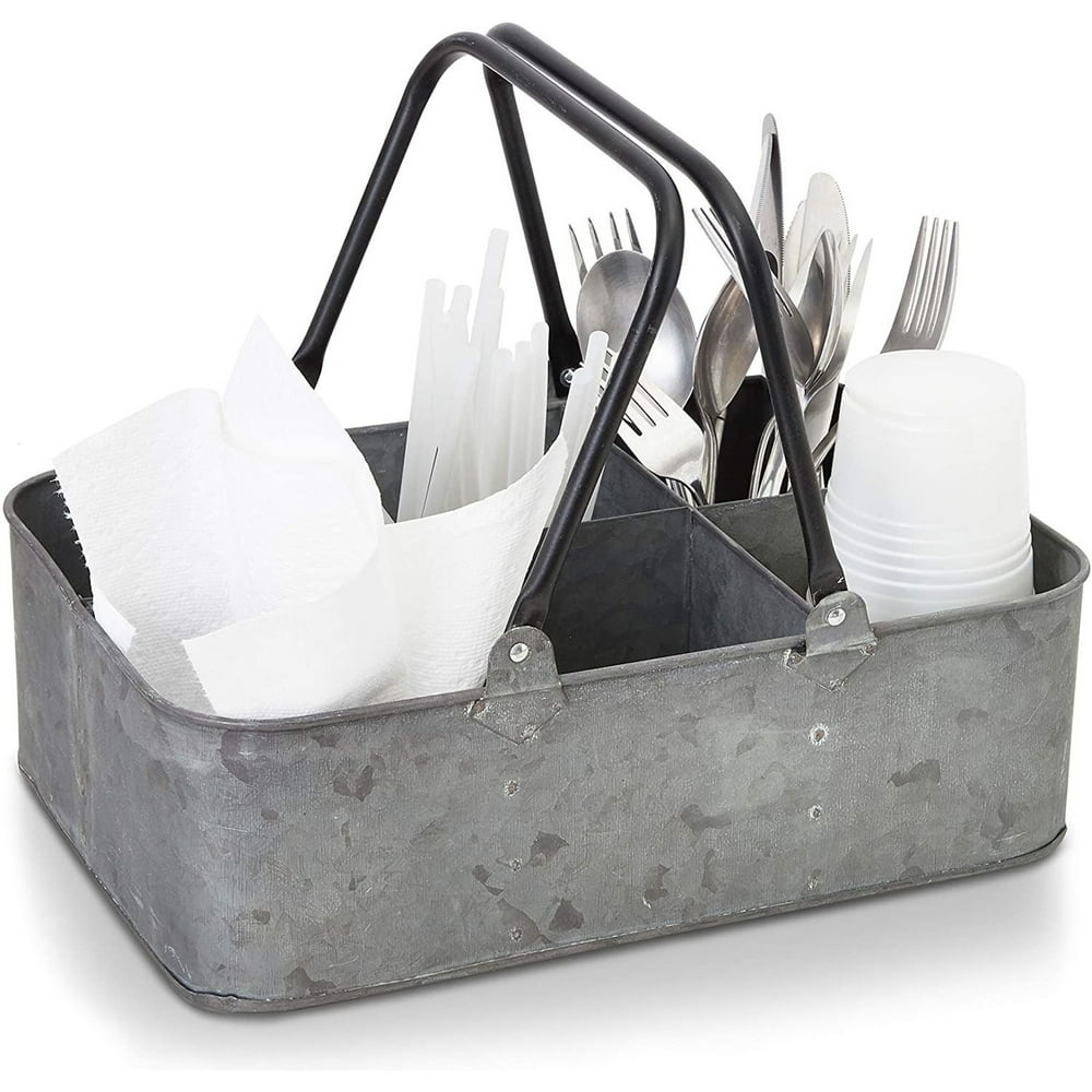 Shabby Galvanized Metal Kitchen Utensil Holder Flatware Caddy Storage