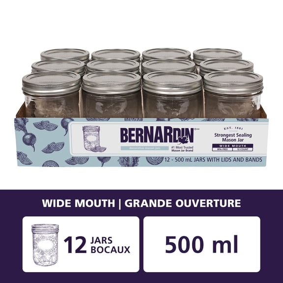Bernardin Decorative Mason Jars, Wide Mouth, 500 mL, 12 Count