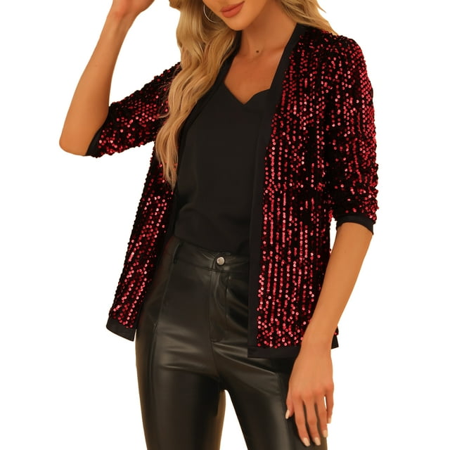 INSPIRE CHIC Veste Élégante à Sequins pour Femmes, Ouverte devant, Sans Col, Manches 3/4, Cardigan en Velours Rouge Foncé S