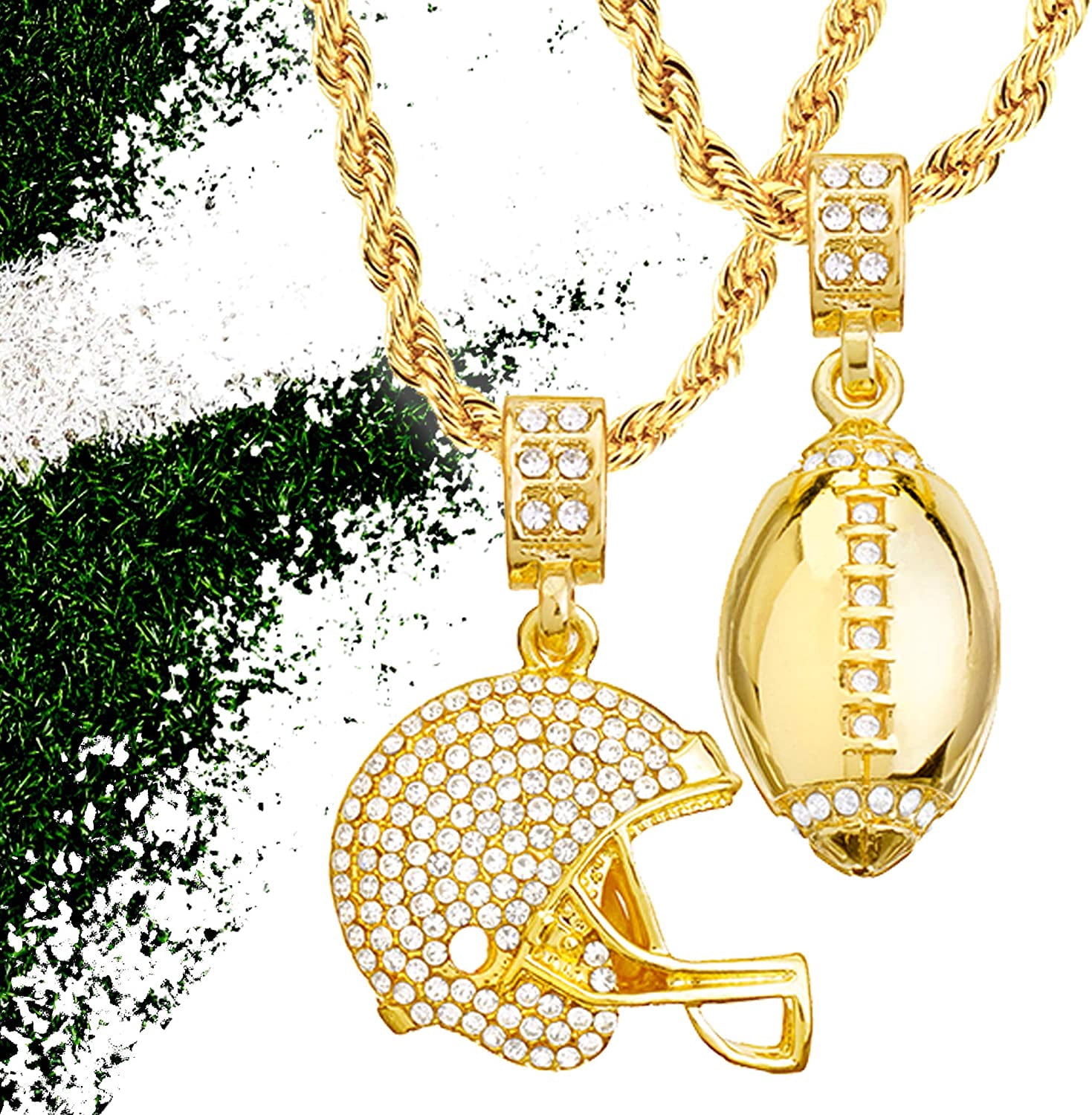metaltree98 14kt Gold Plated Football & Football Helmet Pendant 4 mm, 22" & 26" Double Rope Chain Set MHC 20 G