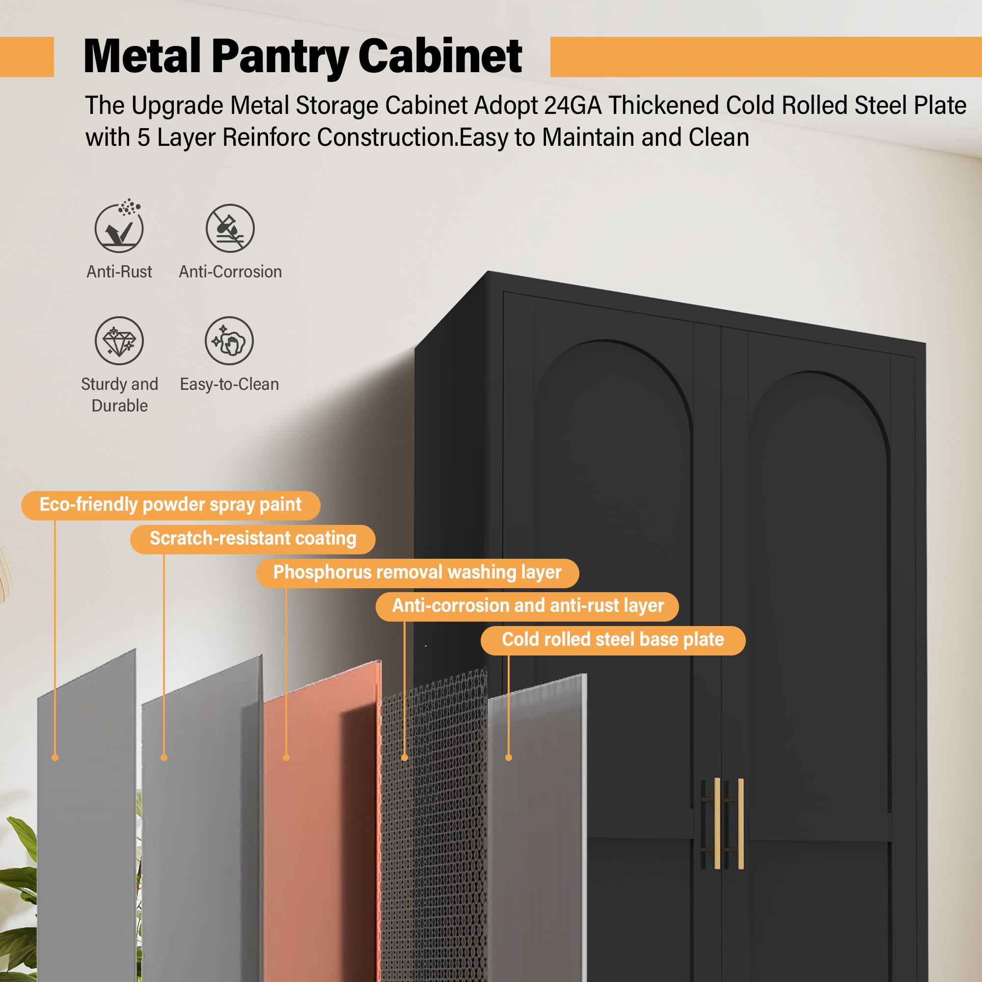 Aukfa 61" Tall Metal Pantry Cabinet,Kitchen Storage Cabinet with Adjustable Shelves for Kitchen/Dining Room/Living Room, Black