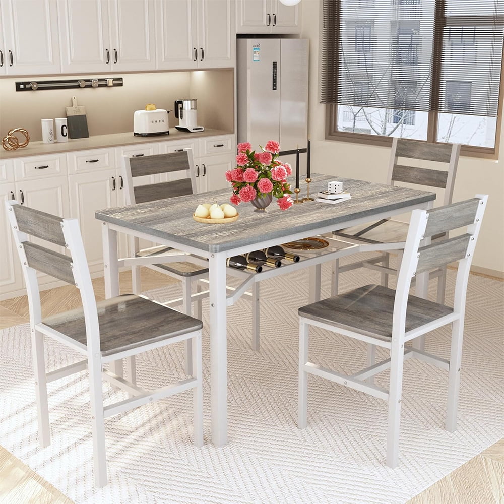 Cvortll Farmhouse Dining Table Set for 4, Wood Kitchen Table Chairs Set with Storage, Space-Saving Dinette Set for Breakfast Nook (Grey)