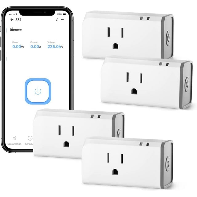 SONOFF Prise Intelligente Fonctionne avec Alexa Google Home Commande Vocale, avec Surveillance de l'Énergie Wi-Fi Mini Prise Intelligente S31 4 Paquets