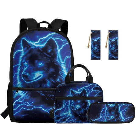 XYZCANDO Wolf 5 Piece School Backpack Set with Portable Lunch Bag Pen Bag 2 Piece Bookmark Large Capacity Wolf Bookbag for Kids Teens Elementary School