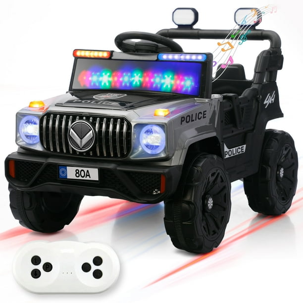 Kids House Carrito Electrico Montable para Niños Turbo Cruiser, Diseño de Policia, Color Gris, Carrito de Control Remoto y Manejo Directo, con Luces, Estereo y Pedales Funcionales