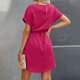 thumbnail image 3 of Vestido de Manga Corta para las Mujeres, Color Sólido Encaje Hasta Cintura Retracta Satén Tenedor Dividido, Cuello Redondo Midi, 3 of 8
