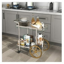 2-Tier Glass Bar Cart with Wheels, Stainless Steel Serving Cart for Kitchen, Dining Room - Rolling Bar Cart with Handle & Fence, 27 x 17 x 29 inch