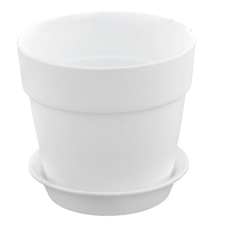 White Plastic Pot - Home Garden Plastic Gardening Round Design Plant Flower Planter Pot Tray White