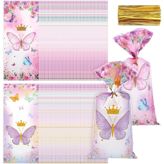 100 Pack Butterfly Candy Bags, Clear Gift Bags for Cookies, Party Favors, Birthday and Wedding