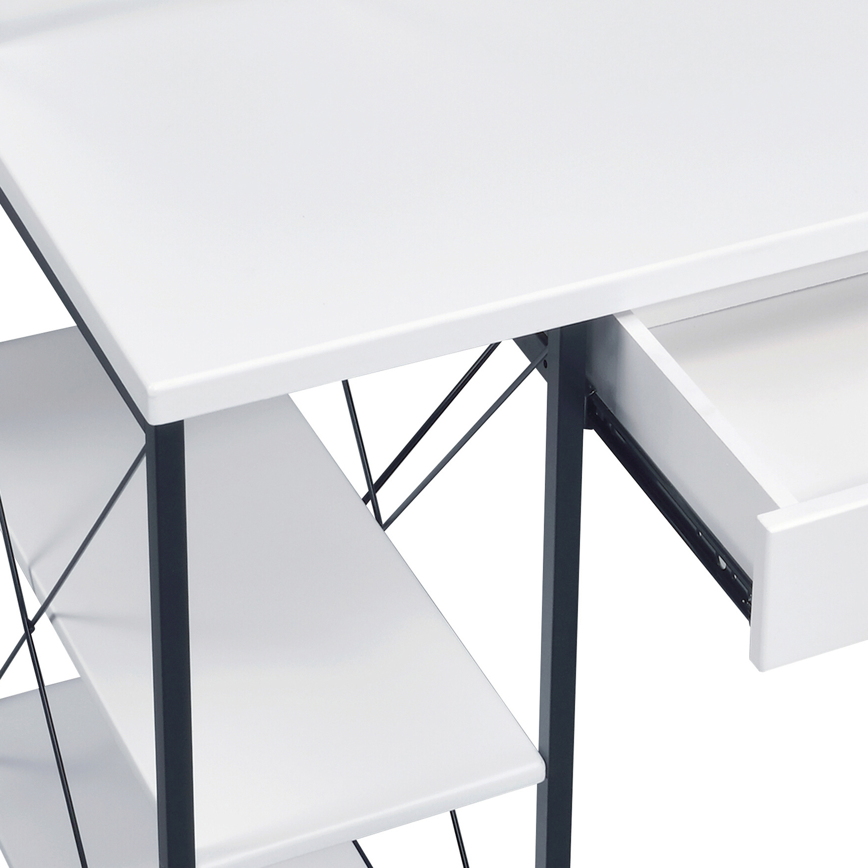 Astoutdoor White and Black Office Desk with Open Shelves and Hutch